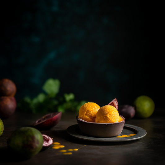 Refreshing yellow passion fruit sorbet with a scoop in a bowl, with fresh passion fruit pieces