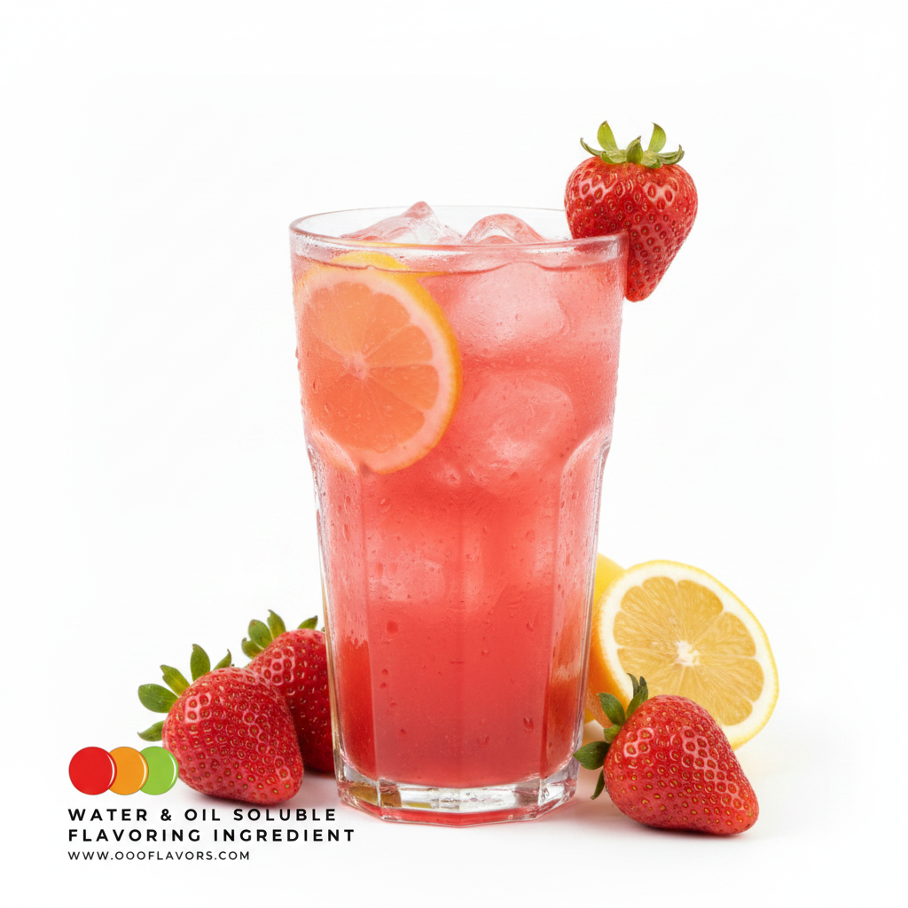 Strawberry lemonade flavoring ingredient for beverages and desserts, bright fruity taste powder ideal for smoothies and summer drinks