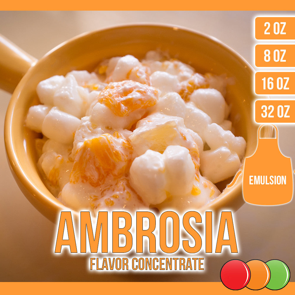 Ambrosia Flavored Liquid Concentrate OOOFLAVORS.COM. Sweet essence of a good ambrosia salad. The flavor is centered around the sweet and sticky taste of marshmallows, with layers of succulent creamy orange and juicy melon.
